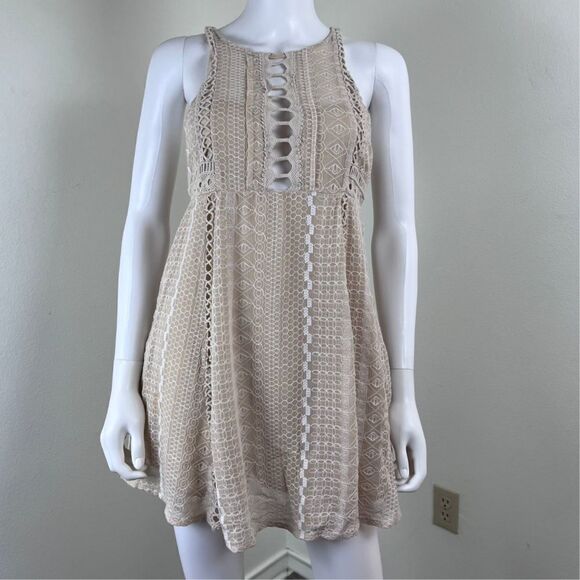 Free People Wherever You Go Size 4 Crochet Babydoll Mini Fit & Flare Dress Boho - Picture 7 of 14